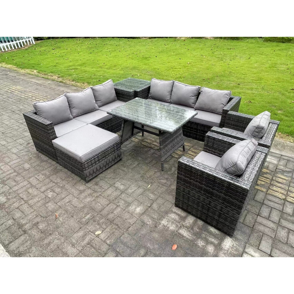 Fimous Unisex Dark Grey Seater Wicker Rattan Outdoor Furniture Lounge Sofa Garden Dining Set With Dining Table 2 Armchairs In Size 9 - Image 3