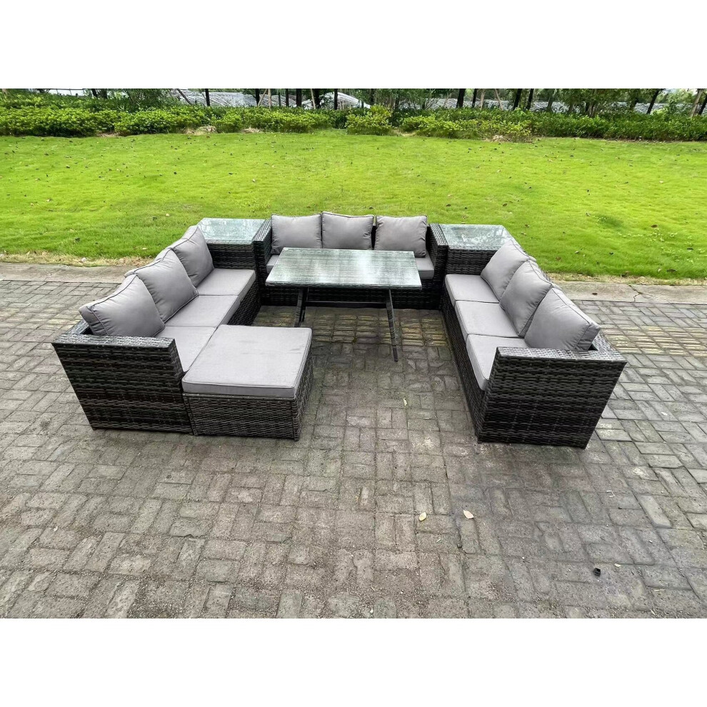 Fimous Dark/Grey 10 Seater Wicker Pe Rattan Outdoor Furniture Lounge Sofa Garden Dining Set With Dining Table 2 Side Tables Big Footstool Mixed - Image 3
