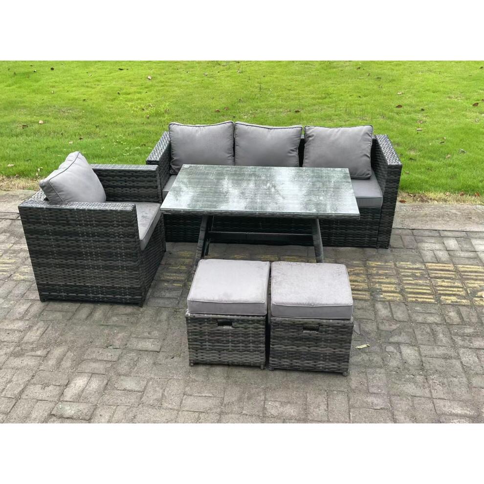 Fimous PE Rattan Outdoor Furniture Garden Dining Set with Oblong Dining Table Armchair 2 Small Footstools