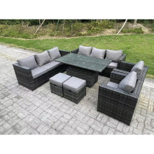 Fimous 10 Seater Wicker PE Garden Furniture Rattan Sofa Set Outdoor Adjustable Rising Lifting Dining Table Set with 2 Armchairs 2 Stools