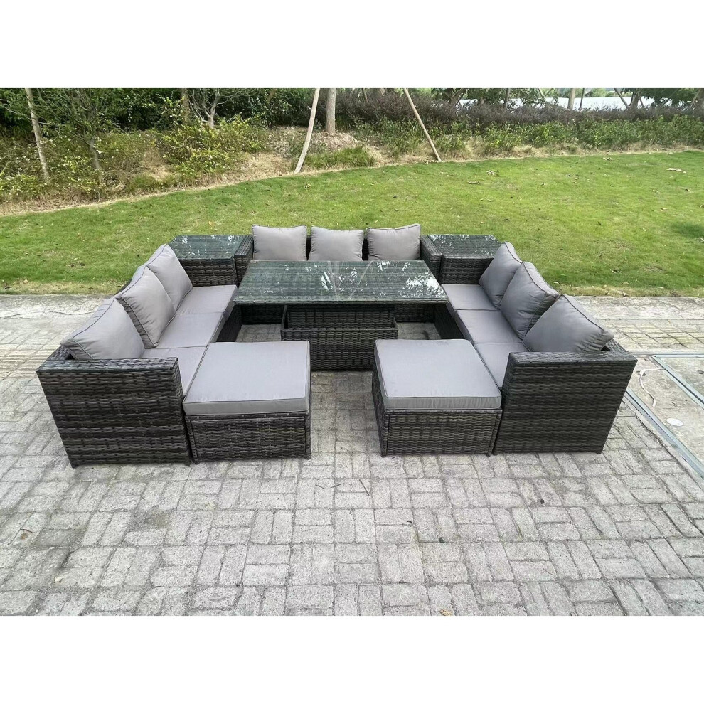 Fimous Wicker PE Rattan Garden Furniture Sofa Set Outdoor Adjustable Rising Lifting Dining Table Set with 2 Side Tables