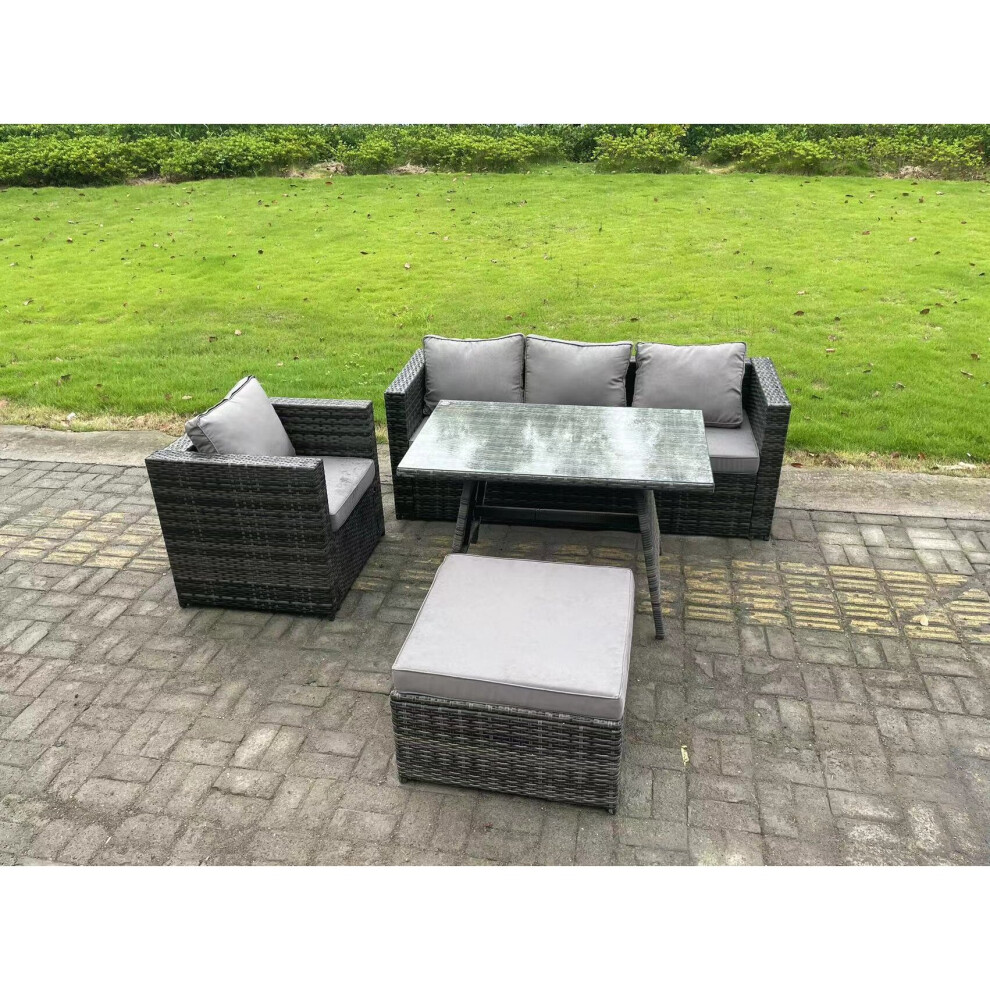 Fimous Rattan Outdoor Furniture Garden Dining Set With Oblong Dining Table Armchair Big Footstool Dark Mixed Grey