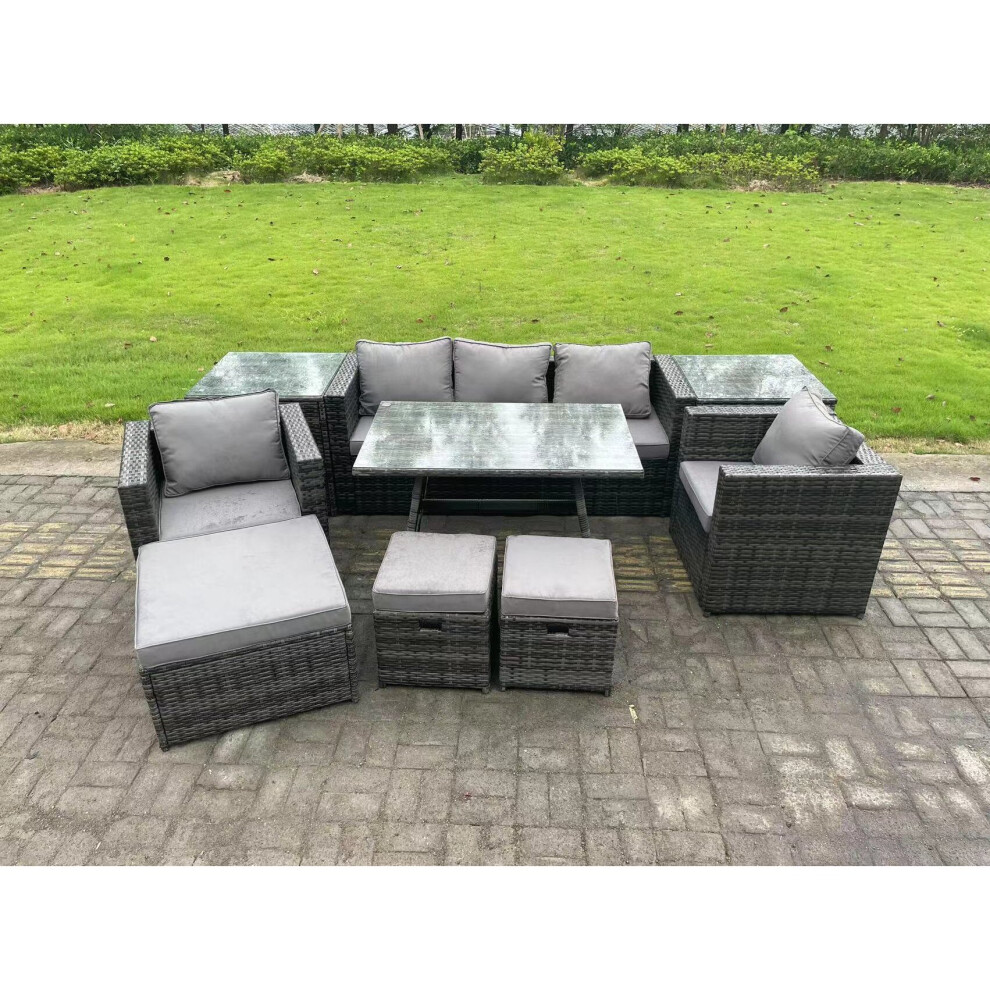 8 Seater Rattan Outdoor Furniture Sofa Garden Dining Set with Dining Table Armchairs 2 Side Tables 3 Stools