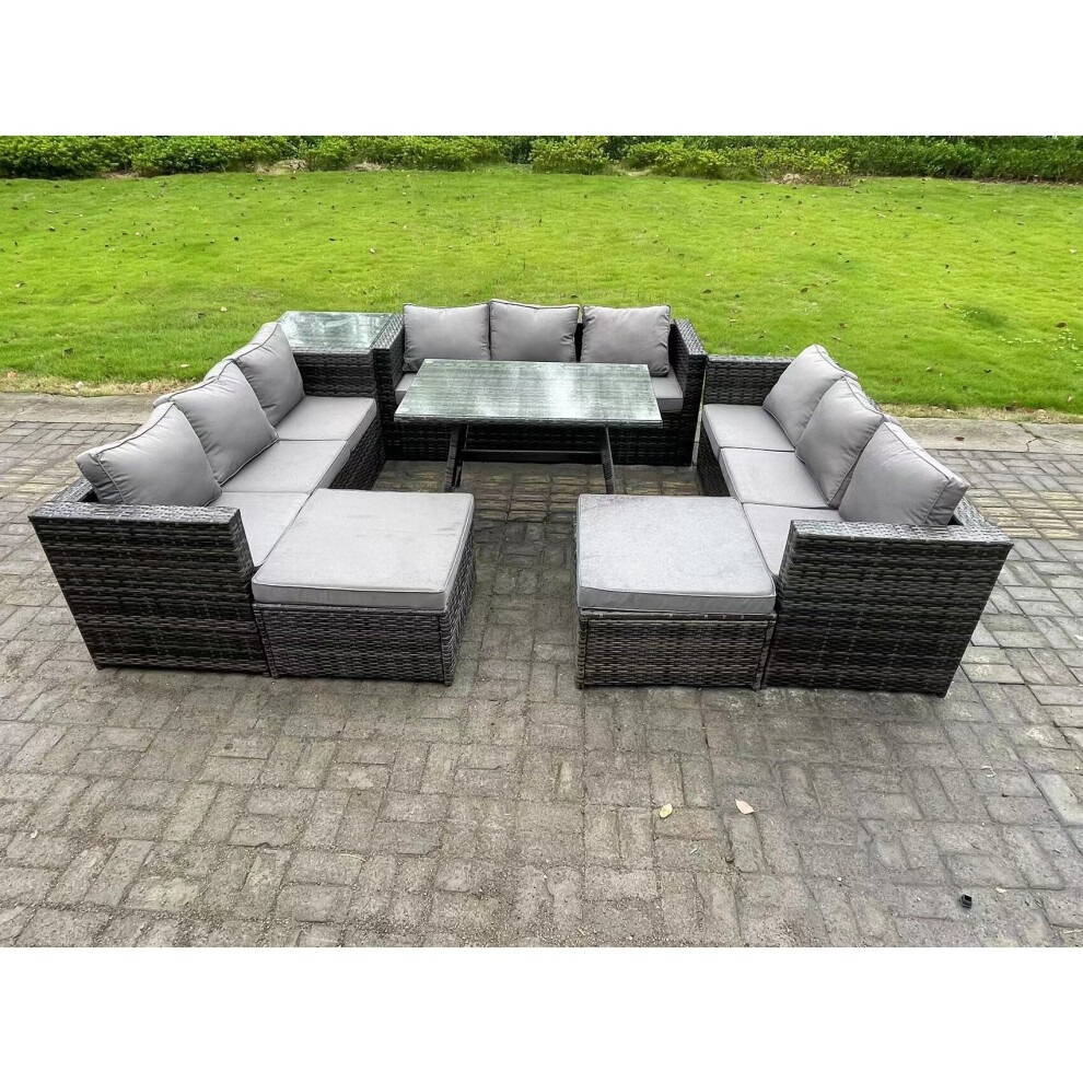 Fimous 11 Seater Rattan Outdoor Furniture Lounge Sofa Garden Dining Set With Dining Table Side Table 2 Big Footstools