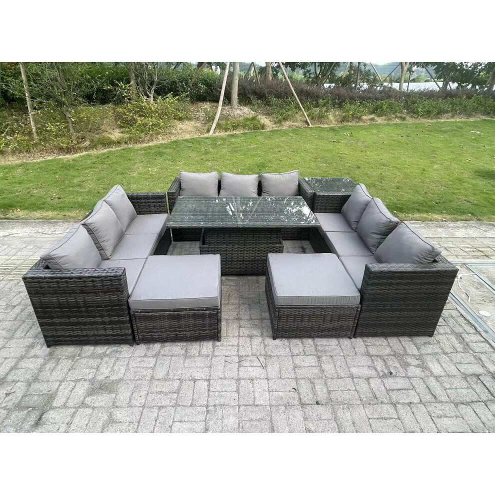 Rackhams Dark/Grey 11-Seater Rattan Outdoor Sofa Set | Adjustable Rising Dining Table, Side Table, 2 Large Footstools - Image 3