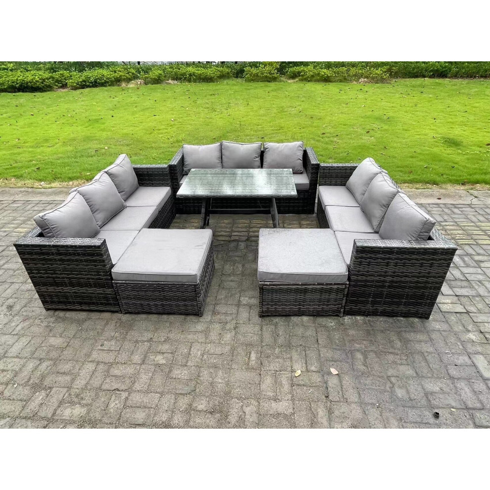 Fimous 11 Seater Wicker Pe Rattan Outdoor Furniture Lounge Sofa Garden Dining Set With Dining Table 2 Big Footstools Grey