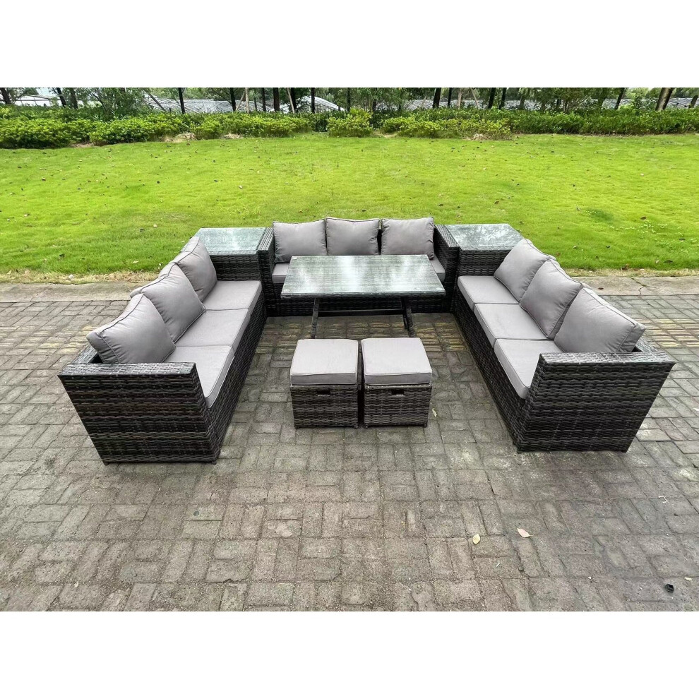 Fimous Wicker Pe Rattan Outdoor Furniture Lounge Sofa Garden Dining Set With Dining Table 2 Side Tables 2 Small Footstools Grey