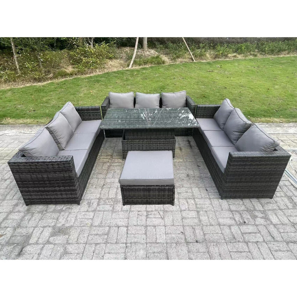 Fimous 10 Seater Rattan Garden Furniture Set Rising Dining Table Set Grey