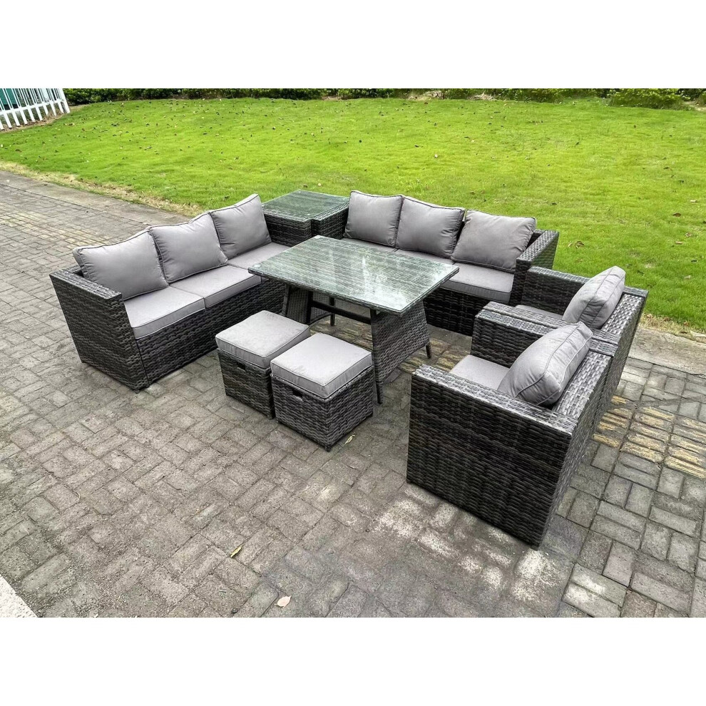 Fimous 10 Seater Wicker PE Rattan Outdoor Furniture Lounge Sofa Garden Dining Set with Dining Table Side Table Armchairs 2 Stools