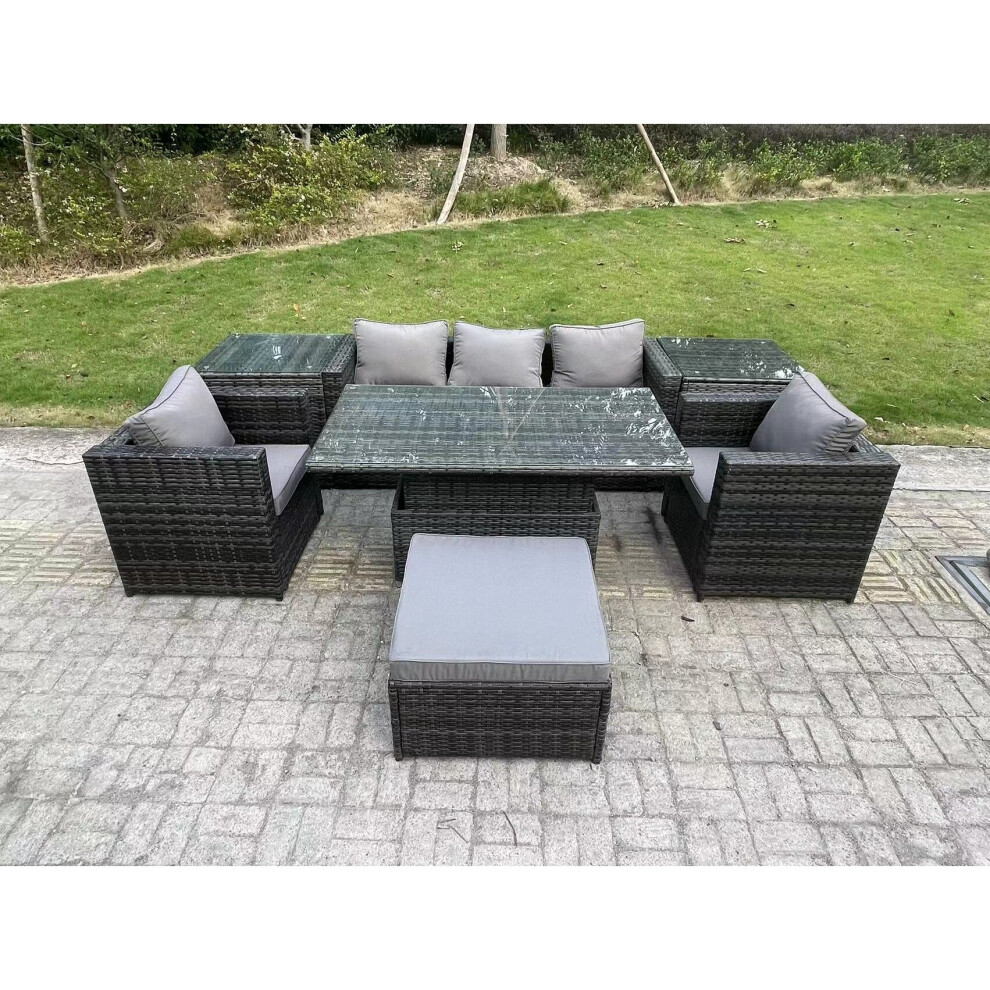 Fimous 6 Seater Rattan Garden Furniture Sofa Set Outdoor Adjustable Rising Lifting Dining Table Set with 2 Armchairs 2 Side Tables