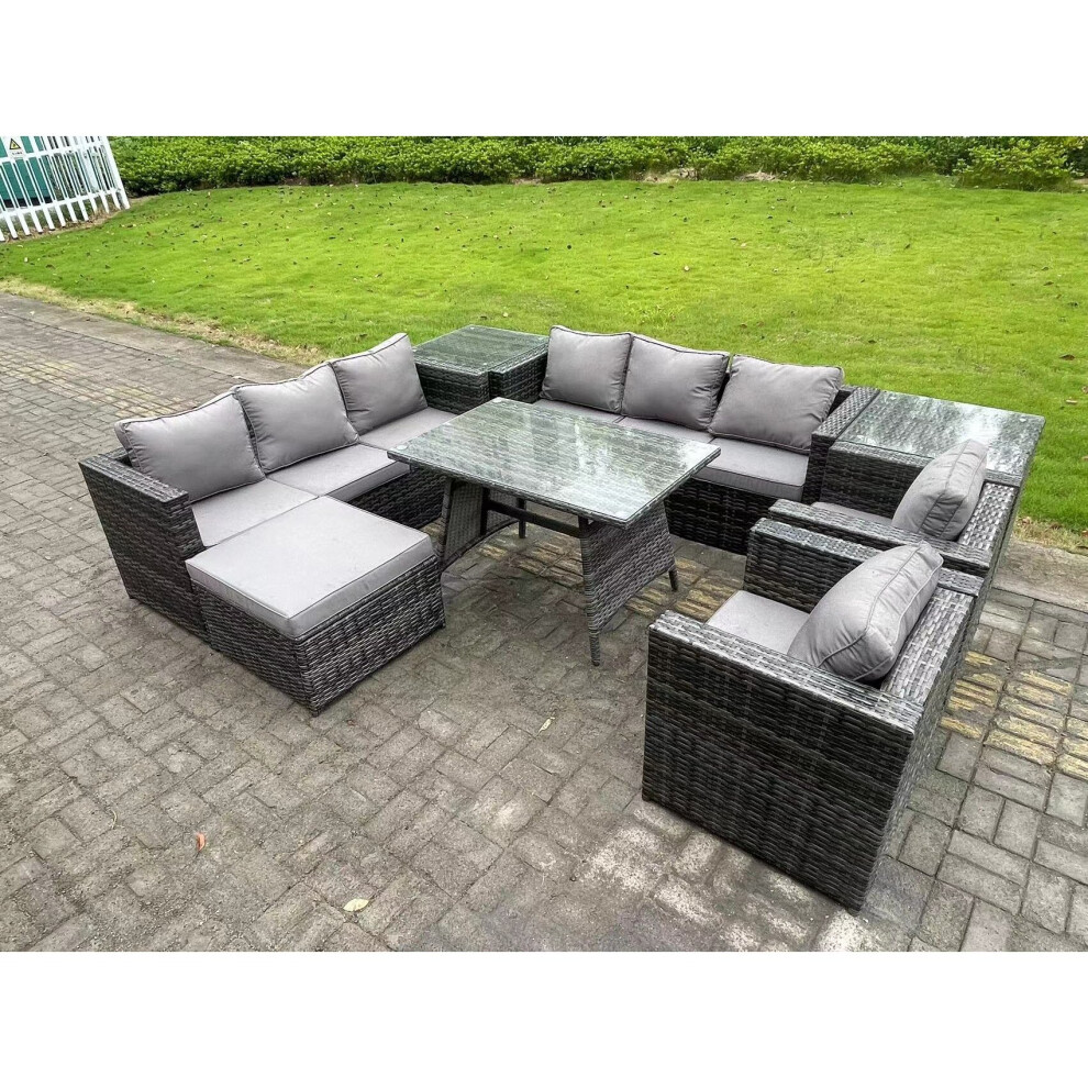 Fimous Dark/Grey Wicker Rattan Outdoor Furniture Lounge Sofa Garden Dining Set With Dining Table 2 Side Tables Big Footstool Armchairs 9 Seater Mixed - Image 3
