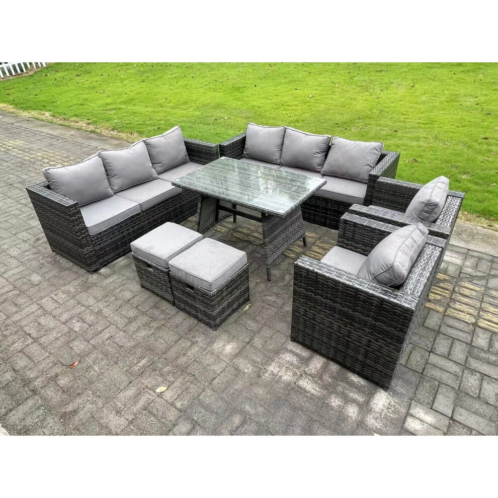 Fimous 10-Seater Rattan Sofa Dining Set With Table, Armchairs - Dark Grey - Image 3