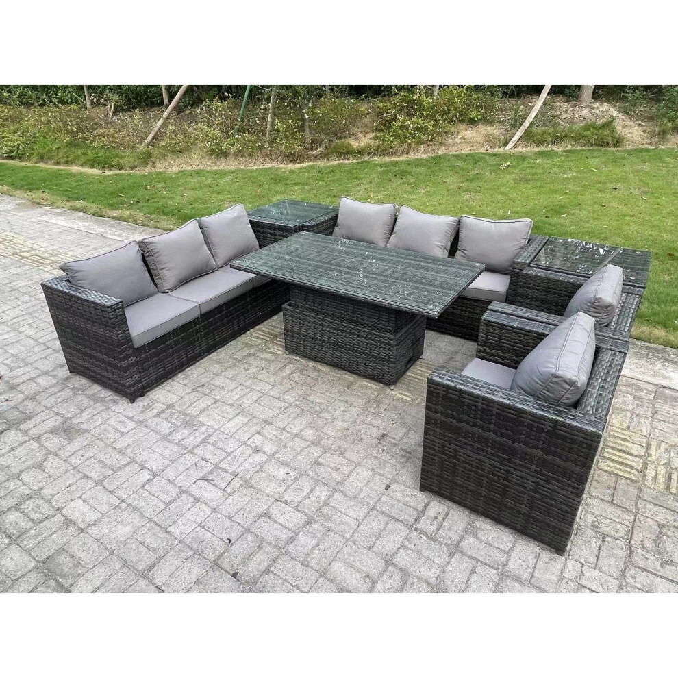 Fimous Wicker PE Garden Furniture Rattan Sofa Set Outdoor Adjustable Rising Lifting Dining Table Set with 2 Armchairs 2 Side Tables