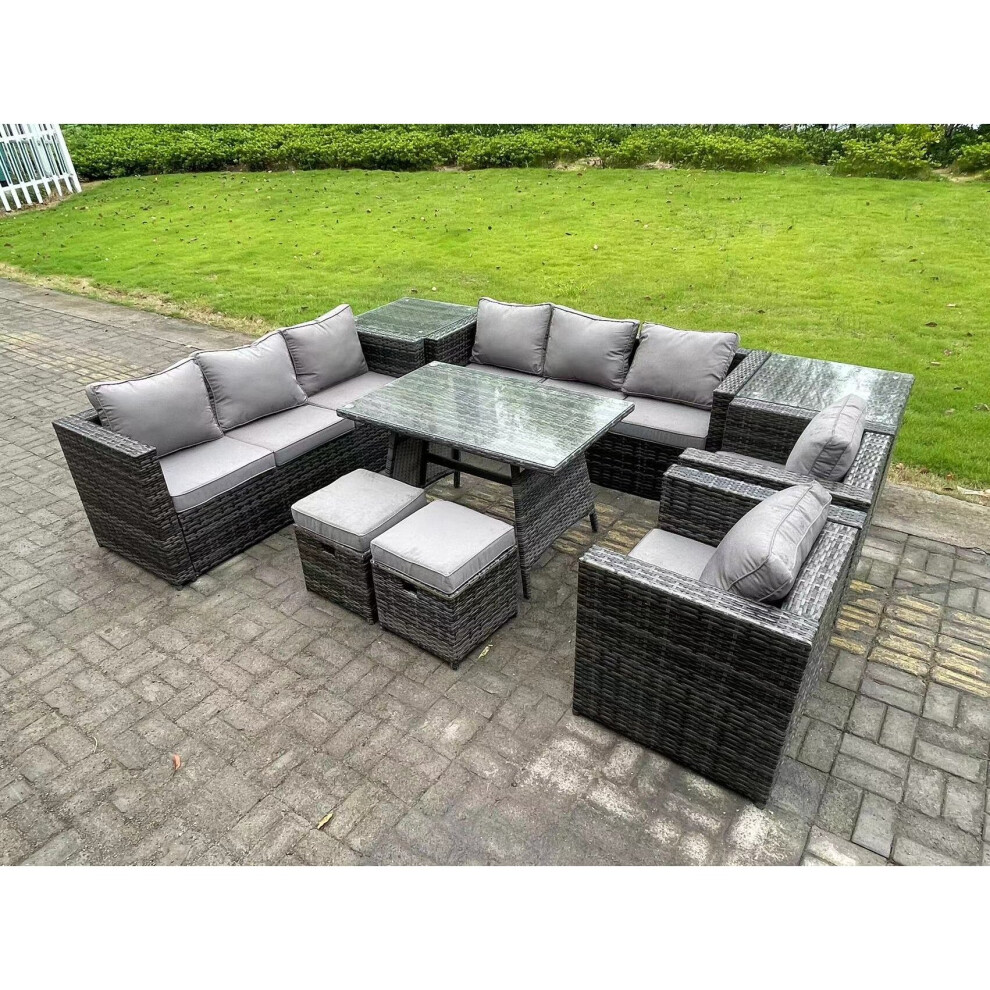 Fimous Wicker Rattan Outdoor Furniture Lounge Sofa Garden Dining Set with Dining Table 2 Side Tables 2 Stools 2 Armchairs 10 Seater