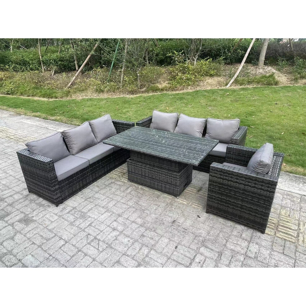 Fimous Wicker PE Garden Furniture Rattan Sofa Set Outdoor Adjustable Rising Lifting Dining Table Set with Armchair 7 Seater