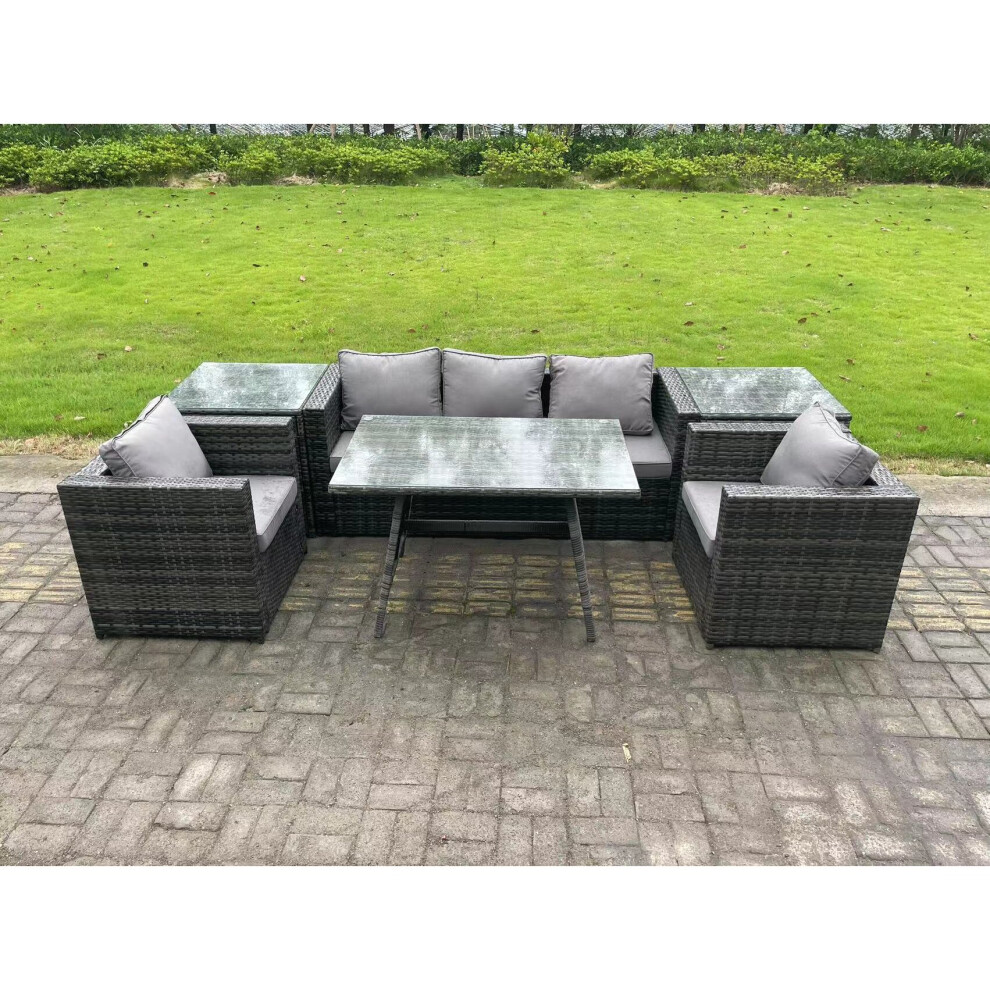 Rackhams Dark/Grey 5 Seater Rattan Outdoor Furniture Garden Dining Set With Oblong Dining Table 2 Armchairs 2 Side Tables Mixed - Image 3