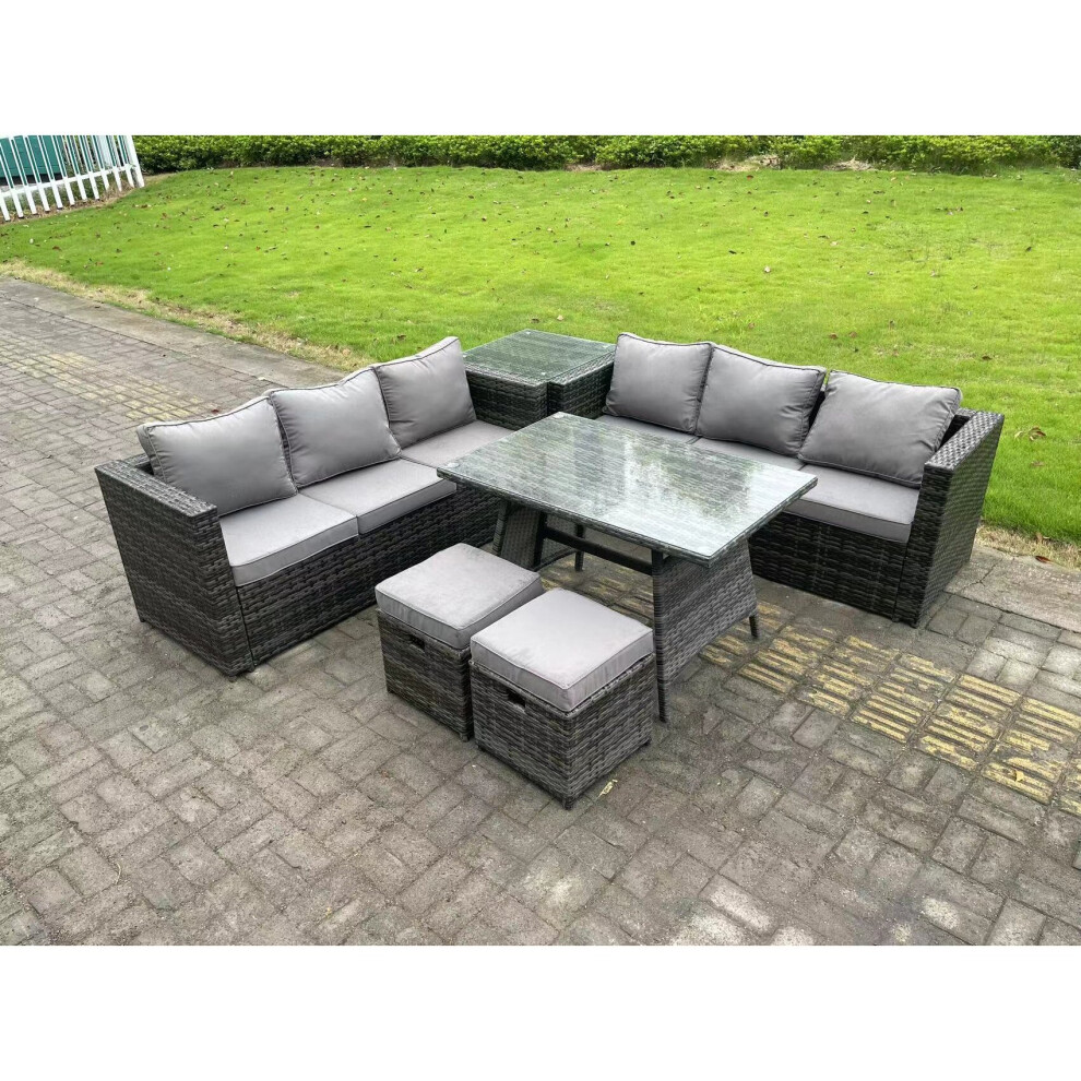 Fimous 8 Seater Wicker Pe Rattan Garden Dining Set Outdoor Furniture Sofa With Side Table Dining Table Stools Grey