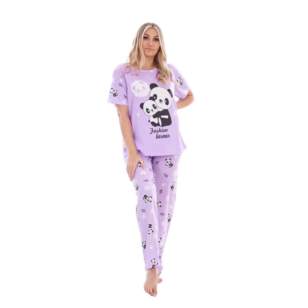 (Lavender, M) Ladies Pyjama Set Animal Printed Panda Teddy Short Sleeve loungewear Nightwear