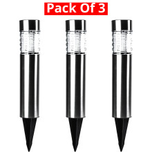 STATUS Outdoor Garden Solar Lights 3-Pack - White LED Bollard Stakes, 15cm Stainless Steel, Crackle Glass, Waterproof, Rechargeable Battery Included