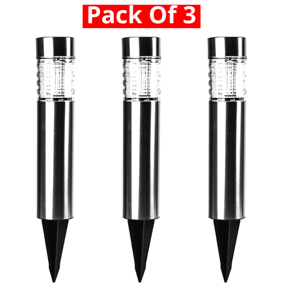 STATUS Outdoor Garden White Solar Light 3 Pack 15cm LED Bollard Stake Solar Light / Stainless Steel / Waterproof Solar Light