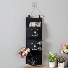 (a-Black) 3 Pockets Linnen Wall Mounted Storage Bag Closet Organizer Clothes Hanging Storage Bag Children Room Pouch Home Decor