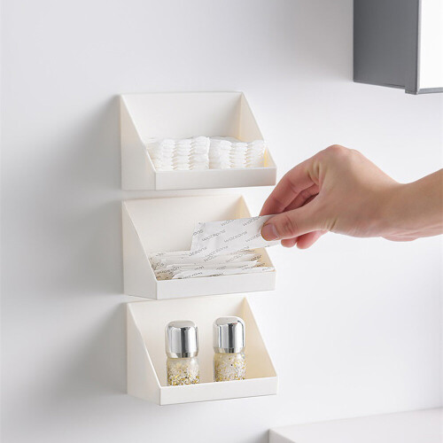 (a-White S) Plastic Storage Rack Wall Mounted Case Bathroom Kitchen Organizer Container Bedroom Self Adhesive Space Saving Hanging Shelf 2