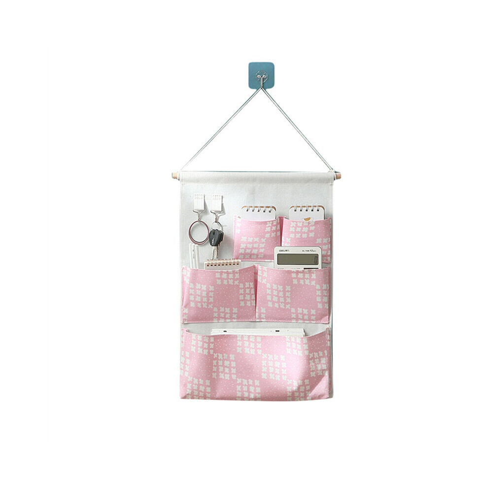 (a-Pink 5 Pockets) Pockets Cotton Wall Mounted Storage Bag Home Room Closet Door Sundries Clothes Hanging Bag Holder Cosmetic Toys Organizer