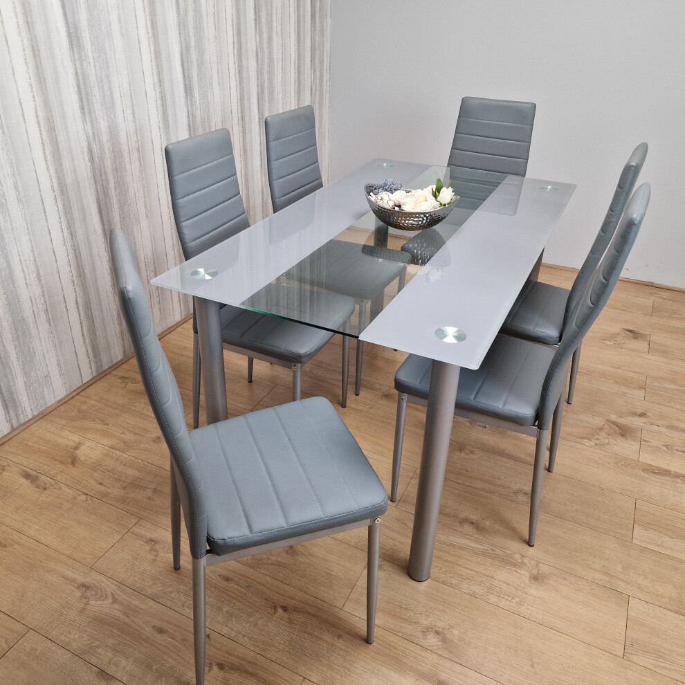 (Table with 6 chairs) GLASS GREY DINING TABLE SET AND 6 OR 4 GREY CHAIRS