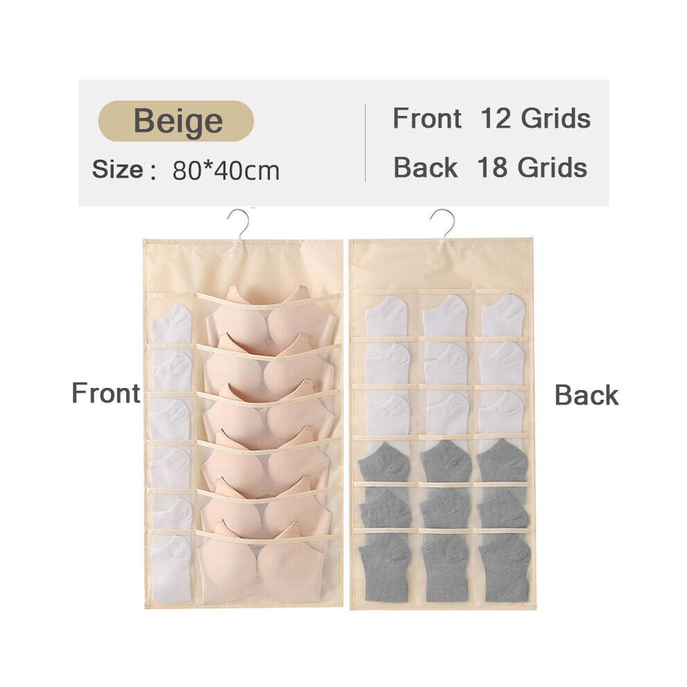 (a-beige 12-18) 2 To 24 Grids Double-Side Underwear Bra Organizer Mesh Drawer Organizers Washable Closet Door Hanging Bag Clothes Divider Boxes