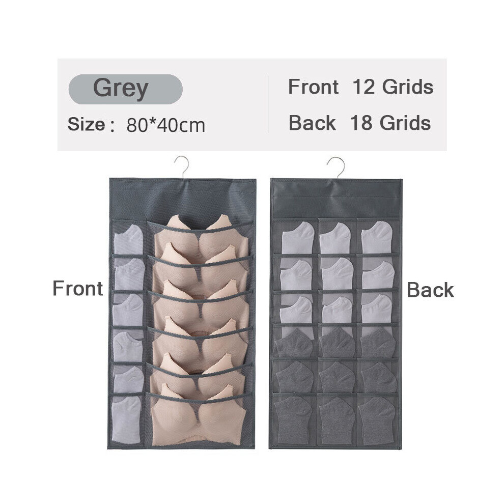 (a-grey 12-18) 2 To 24 Grids Double-Side Underwear Bra Organizer Mesh Drawer Organizers Washable Closet Door Hanging Bag Clothes Divider Boxes