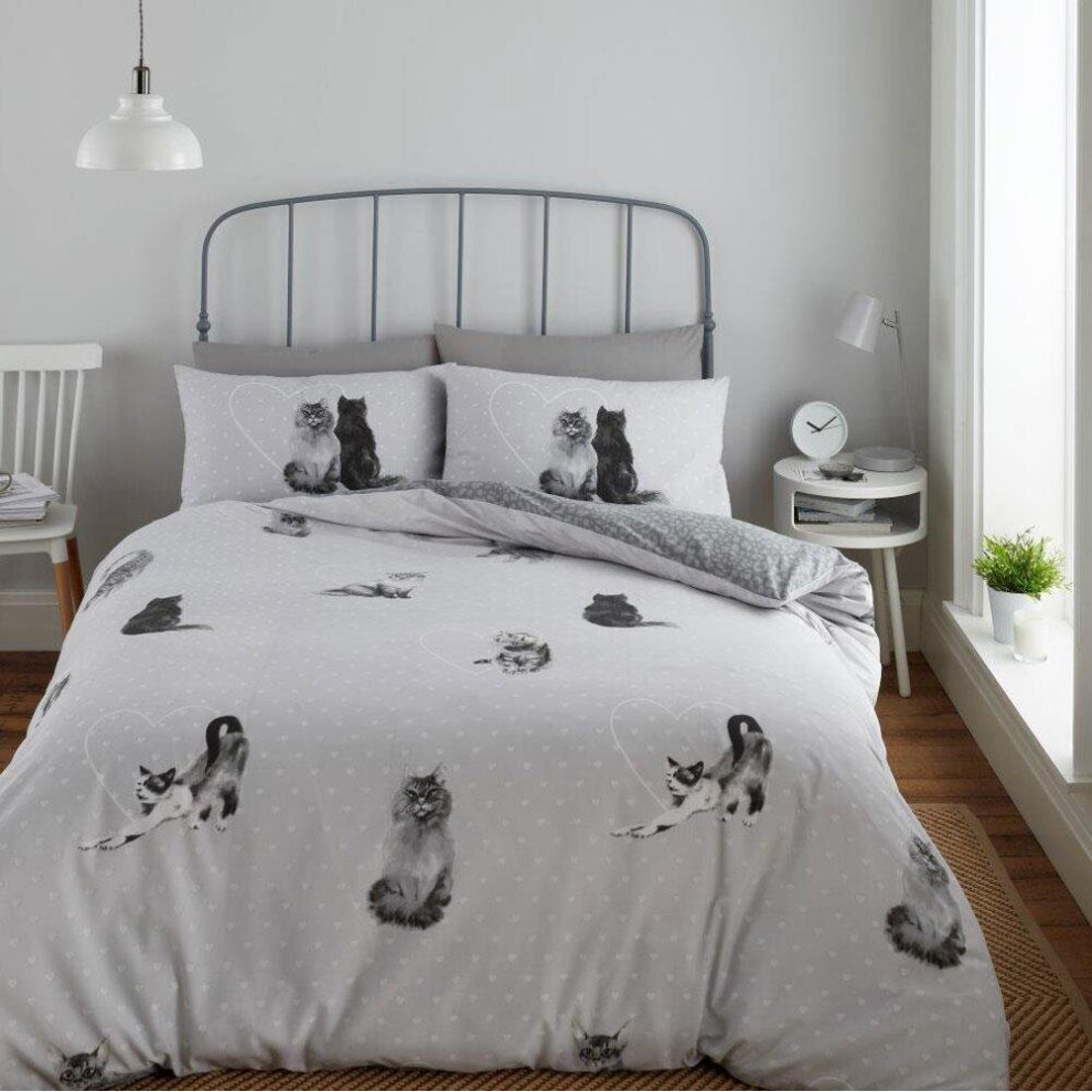 (King) Cats Duvet Set Bedding Grey Hearts Kittens Pets Quilt Cover Pillow Cases