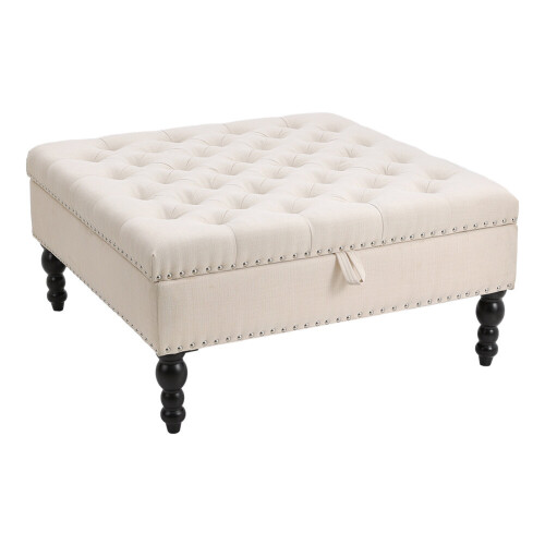 Living And Home (Beige) Square Tufted Linen Storage Ottoman 2