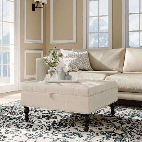 Living And Home (Beige) Square Tufted Linen Storage Ottoman
