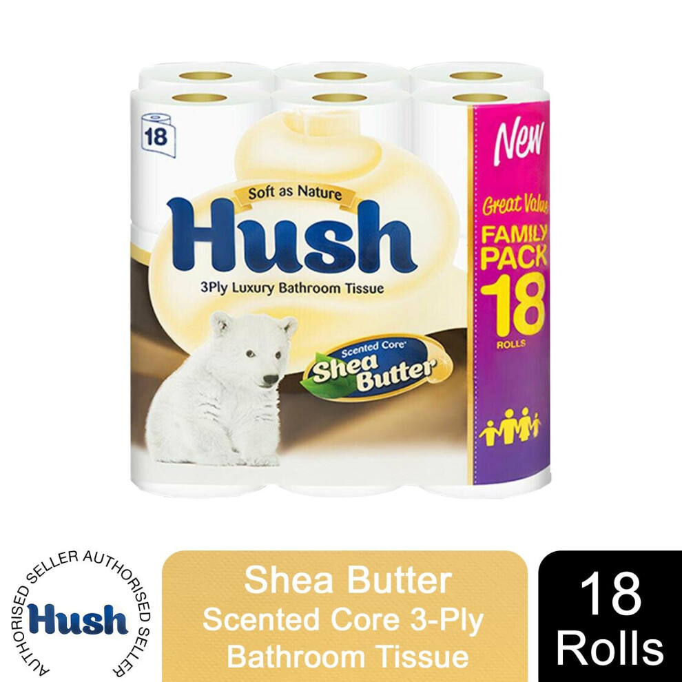 (Shea Butter) Hush White or Shea Scented 3-Ply Tissues, 18 Rolls