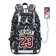 (Grey) Basketball Player Jordan Logo Backpack Luminous Fluorescent Daypack USB Taptop Ruckpack Kid Student School Bag