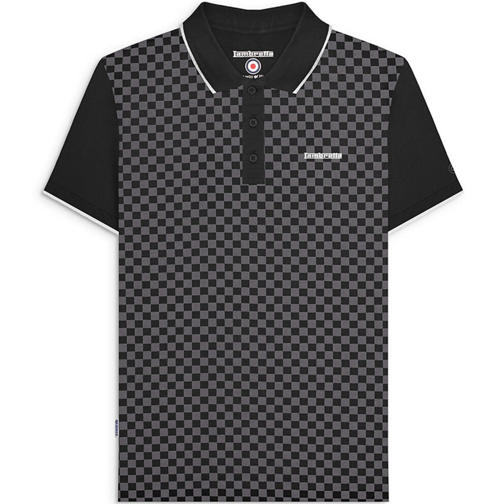 (4XL, Black) Lambretta Mens Two Tone All Over Print Short Sleeve Cotton Polo Shirt Top