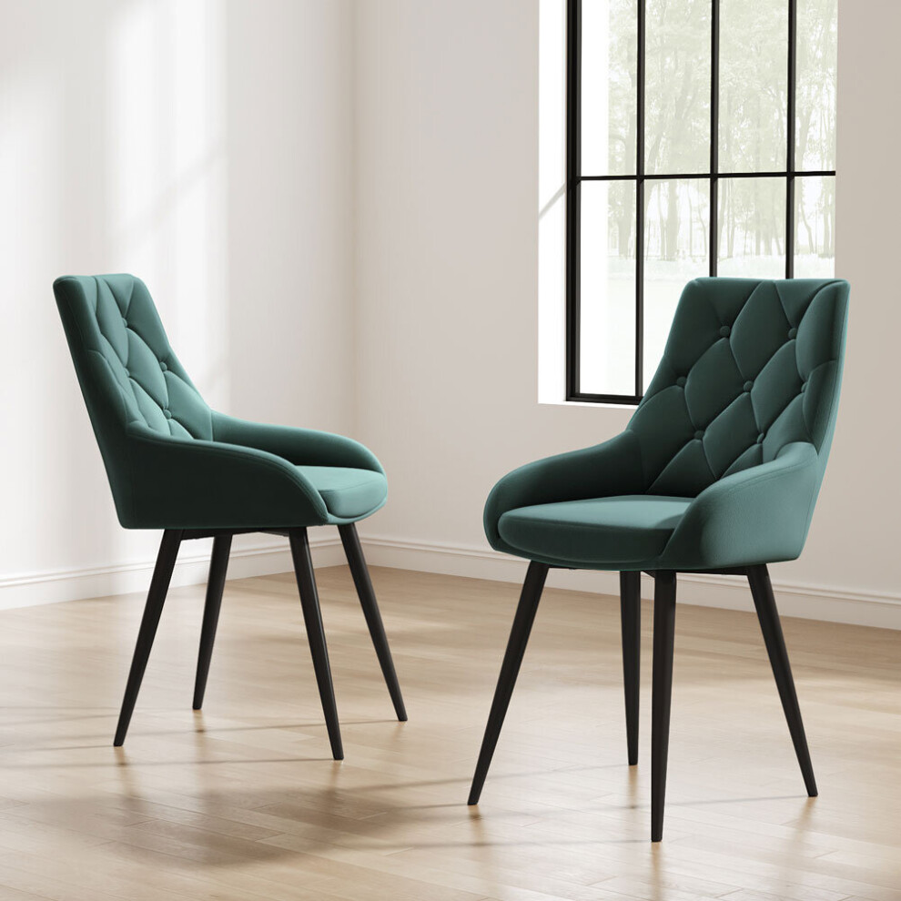 (Green) 2pcs Velvet Metal Legs Button Upholstered Dining Chairs
