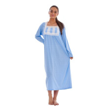 (Blue, XXL) Malay Women Long Nightdress Plain 100% Cotton Long Sleeve Lace Nightgowns Sleepwear