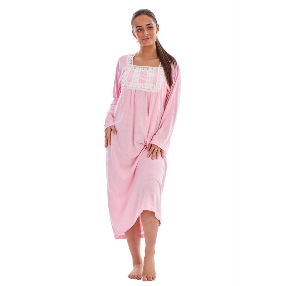 (Pink, XXXL) Malay Women Long Nightdress Plain 100% Cotton Long Sleeve Lace Nightgowns Sleepwear