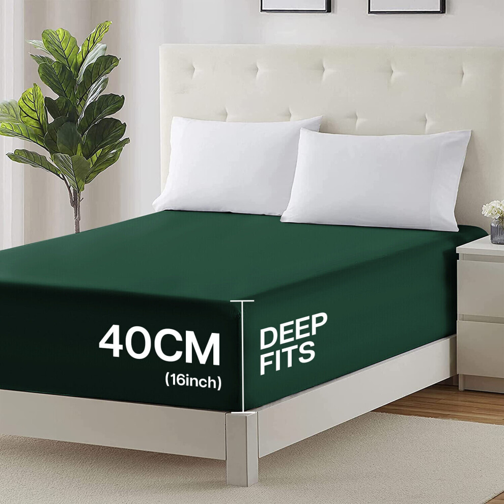 (Emerald Green, Double 40CM) Extra Deep Bed Sheets Fitted Sheets OR Plain Pillowcases Pair 25CM/40 CM Plain Bed Fitted Sheets