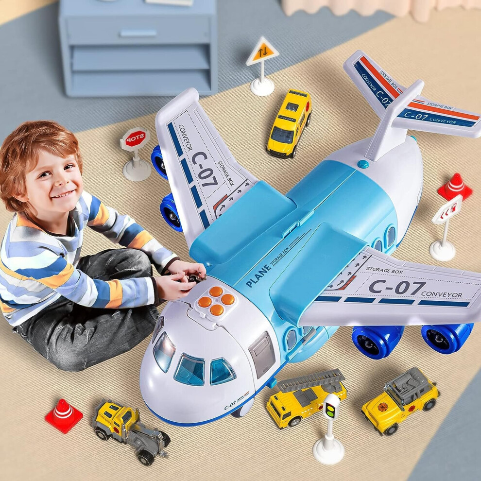 TEMI Storage Transport Plane with 6 Free Wheel Diecast Construction Vehicles and Playmat, Kids Toy Jet Aircraft with Mist Spay, Light &amp