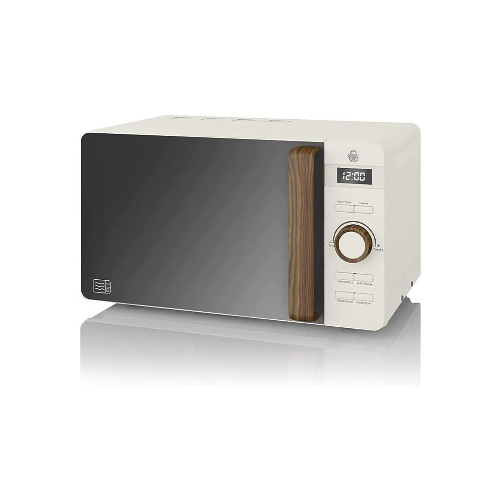 Swan 20L Nordic Digital LED Microwave, 6 Power Levels, Wood Effect Handle, Soft Touch Housing and Matte Finish, 800W, Cotton White, SM22036LWHTN