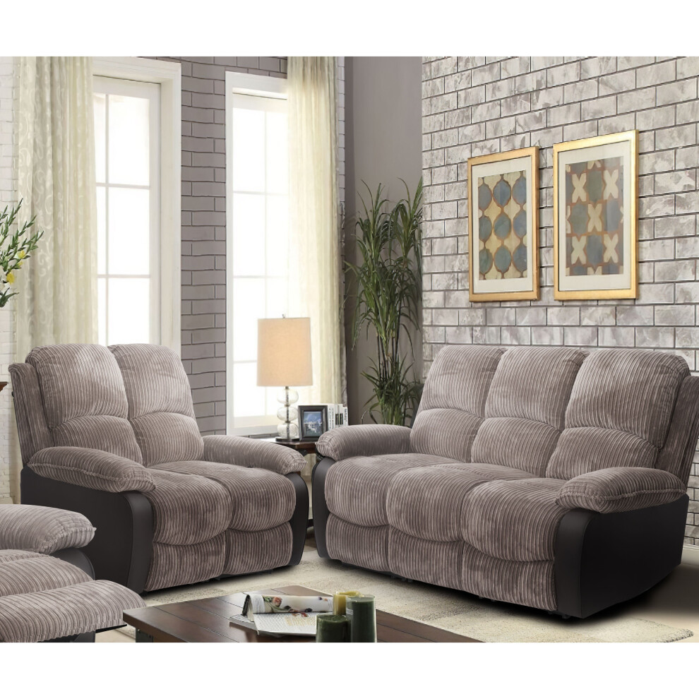 (Grey, 3 Seater + 2 Seater Sofa Set) Fabric Jumbo Cord Sofa 3 Seater 2 Seater Chair Recliners Grey or Brown