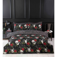 (Double, Black) Skulls and Roses Reversible Duvet Cover Set Spider Web Halloween Bedding