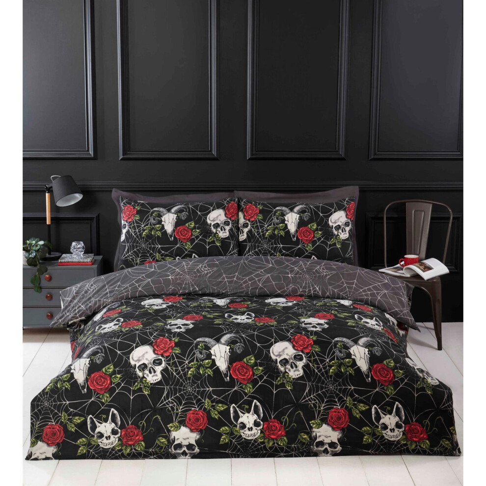 Rapport (Double, ) Skulls And Roses Reversible Duvet Cover Set Spider Web Halloween Bedding Black