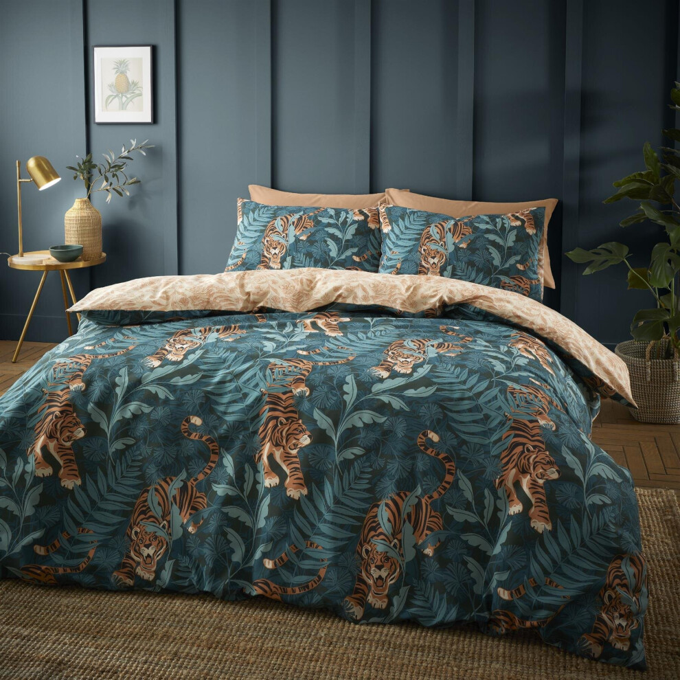 Catherine Lansfield (King, ) Tropic Tiger Leaf Reversible Duvet Cover Set Jungle Animal Themed Bedding Green
