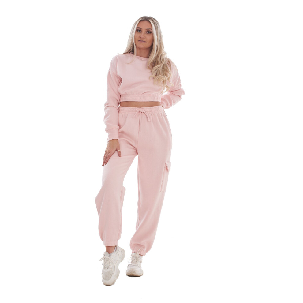 (Pink, XL) Malay Ladies Cropped Plain Tracksuit 2 Pieces Round Neck Sweatshirts Cargo Joggers