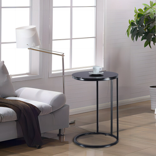 (Black Legs & Black Glass Top) C-Shape Bed Side Small Table Chrome Legs Glass Top