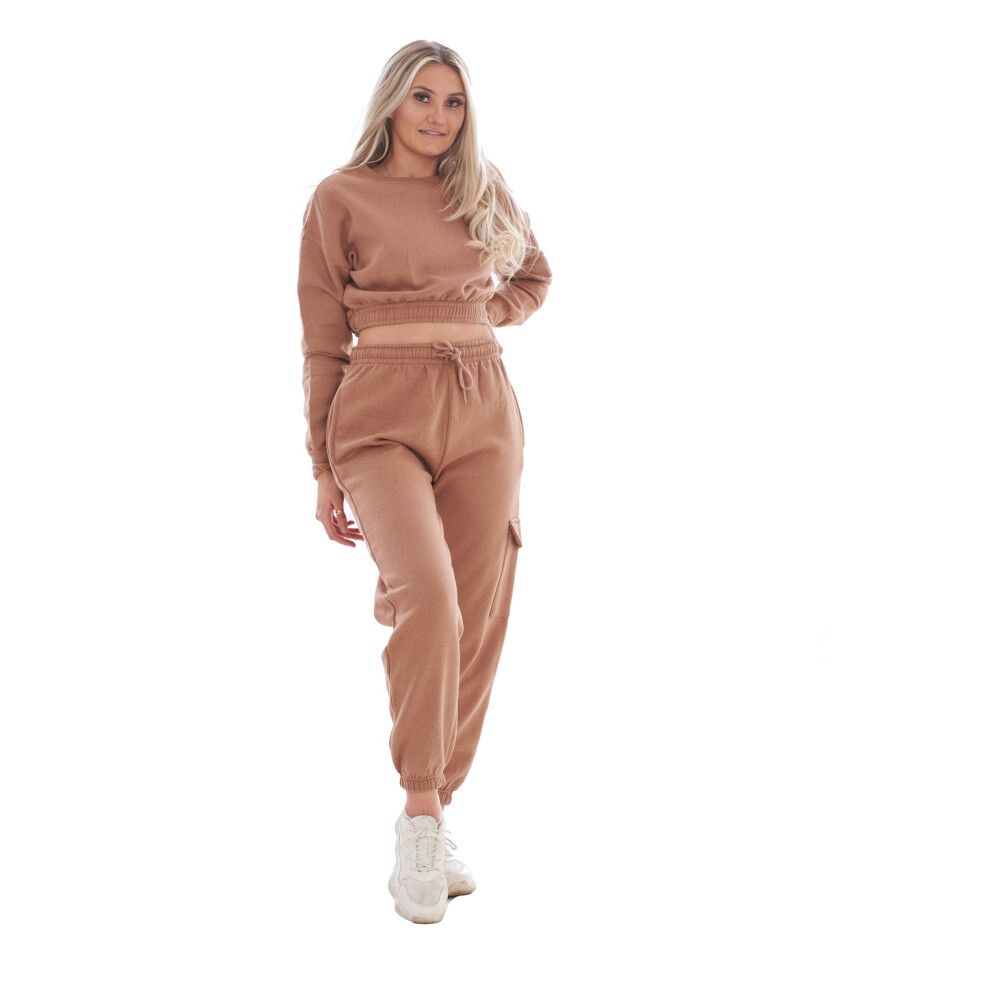 (Brown, M) Malay Ladies Cropped Plain Tracksuit 2 Pieces Round Neck Sweatshirts Cargo Joggers