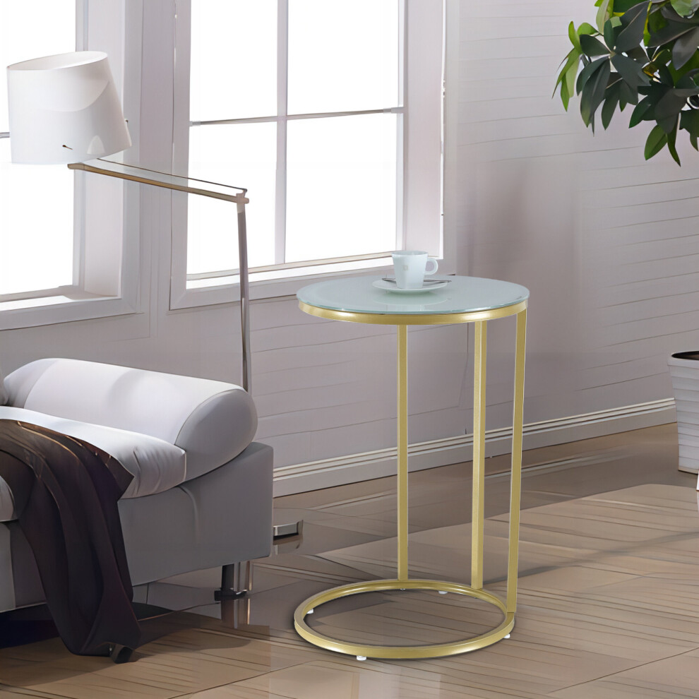 (Gold Legs & White Glass Top) C-Shape Bed Side Small Table Chrome Legs Glass Top